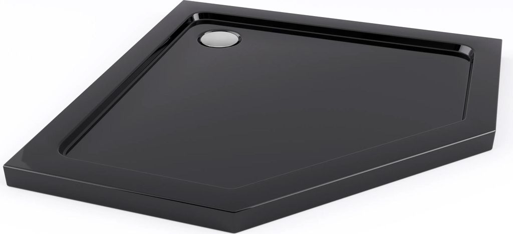 A black shower tray with a silver drain.