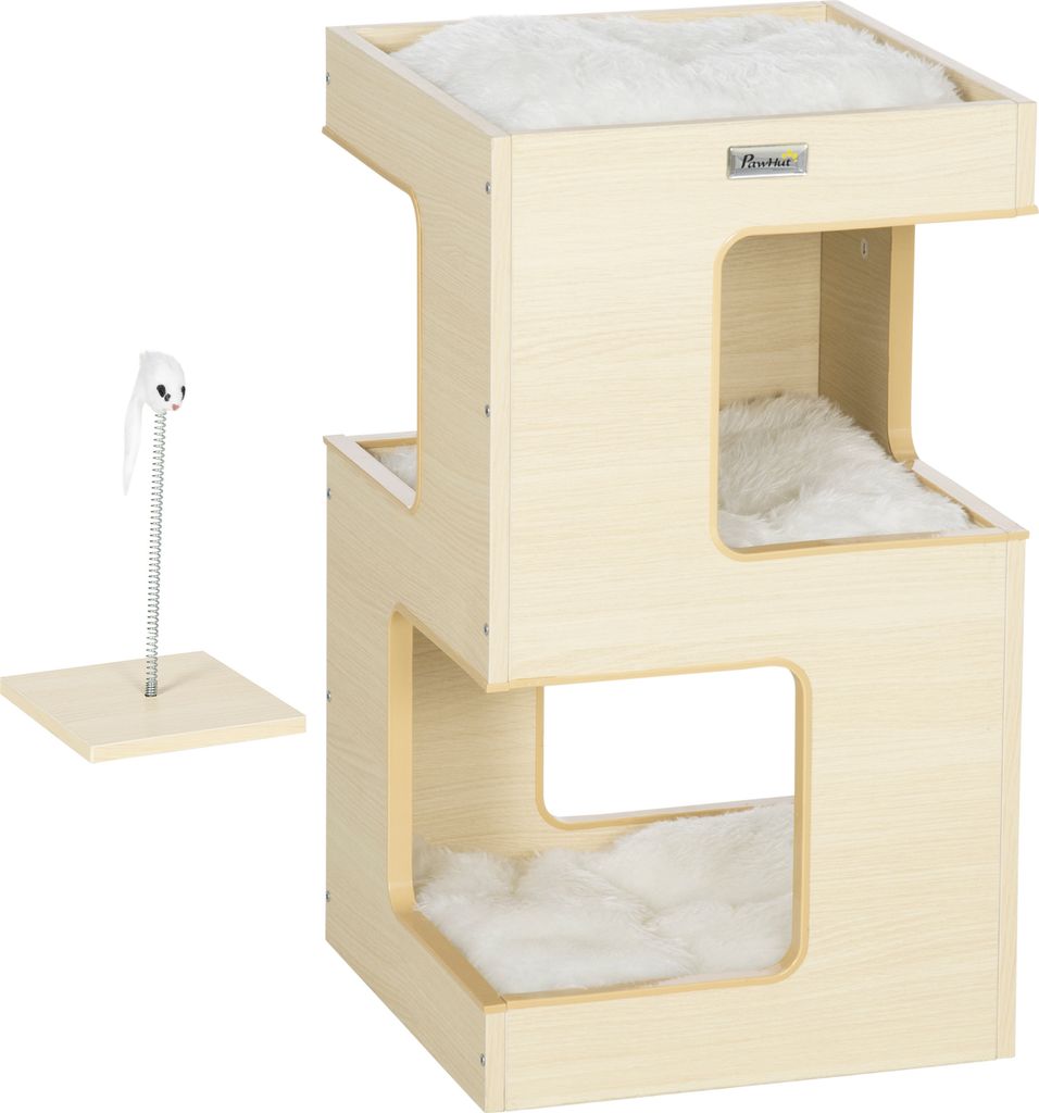 PawHut Katzenhöhle, 3-stufiger Katzenschrank mit Kissen, Katzenhütte, Katzenhaus mit falschem Mausspielzeug, katzenmöbel, Indoor, Eiche, 34 x 34...