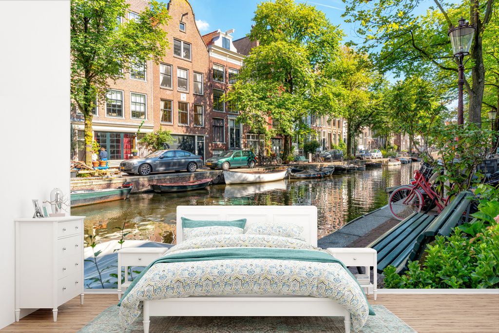 MuchoWow Fototapete für Wohnzimmer oder Schlafzimmer Wandtapete Vinyl Motivtapete Grüne Natur entlang der Prinsengracht in Amsterdam - 450x300 ...