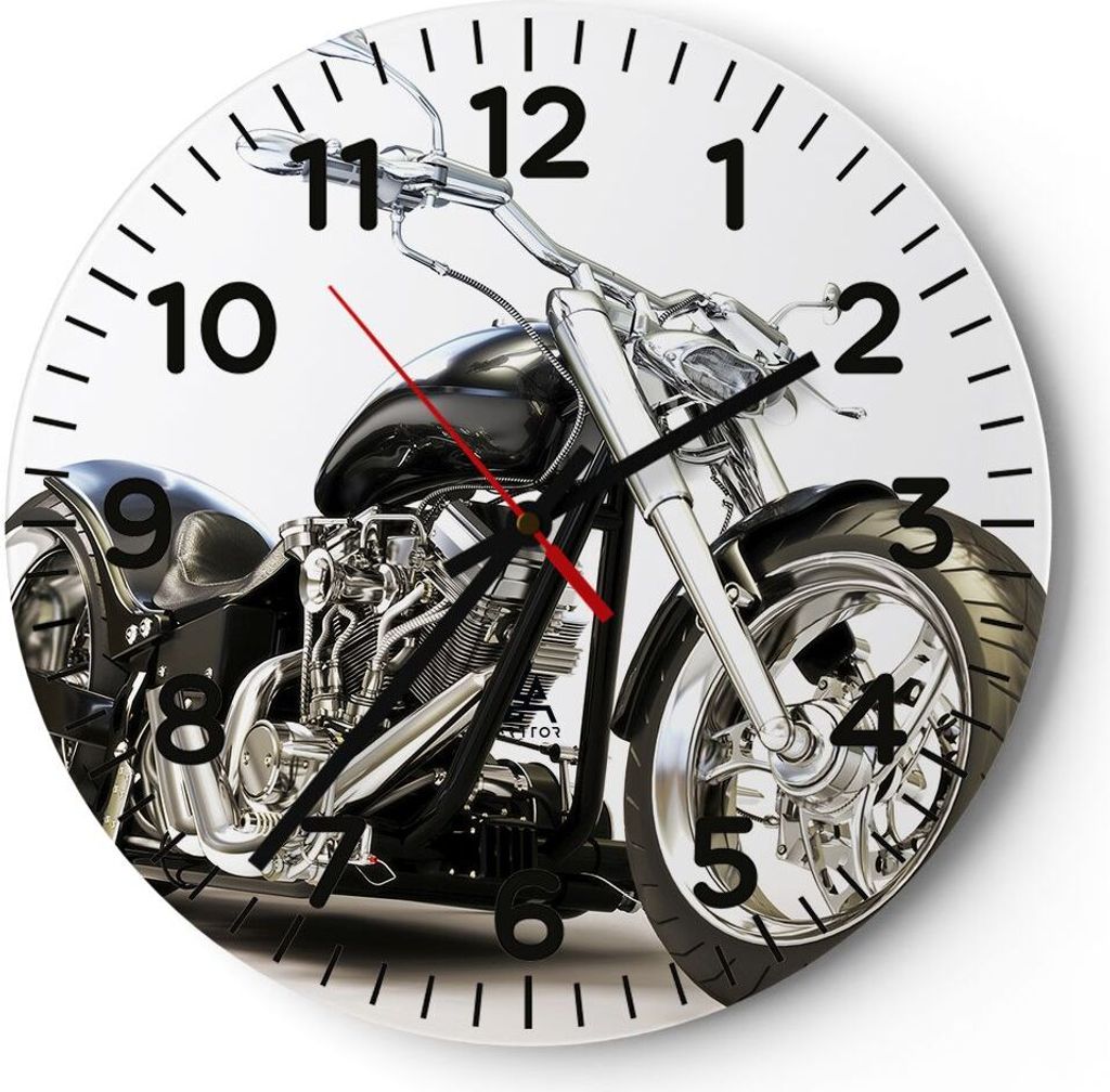 Wanduhr - Rund - Glasuhr - Motorrad Motor Geschwindigkeit Chrom - 30x30cm - Schleichendes Uhrwerk - Lautlos - zum Aufhängen bereit - Dekoration Mo...