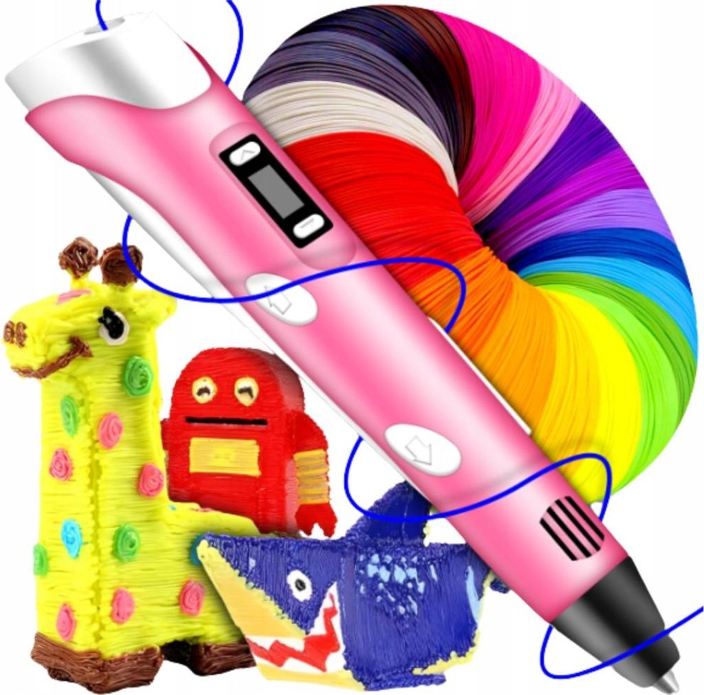 A pink 3D pen is shown with colorful filament and 3D printed objects like a giraffe, robot, and shark.