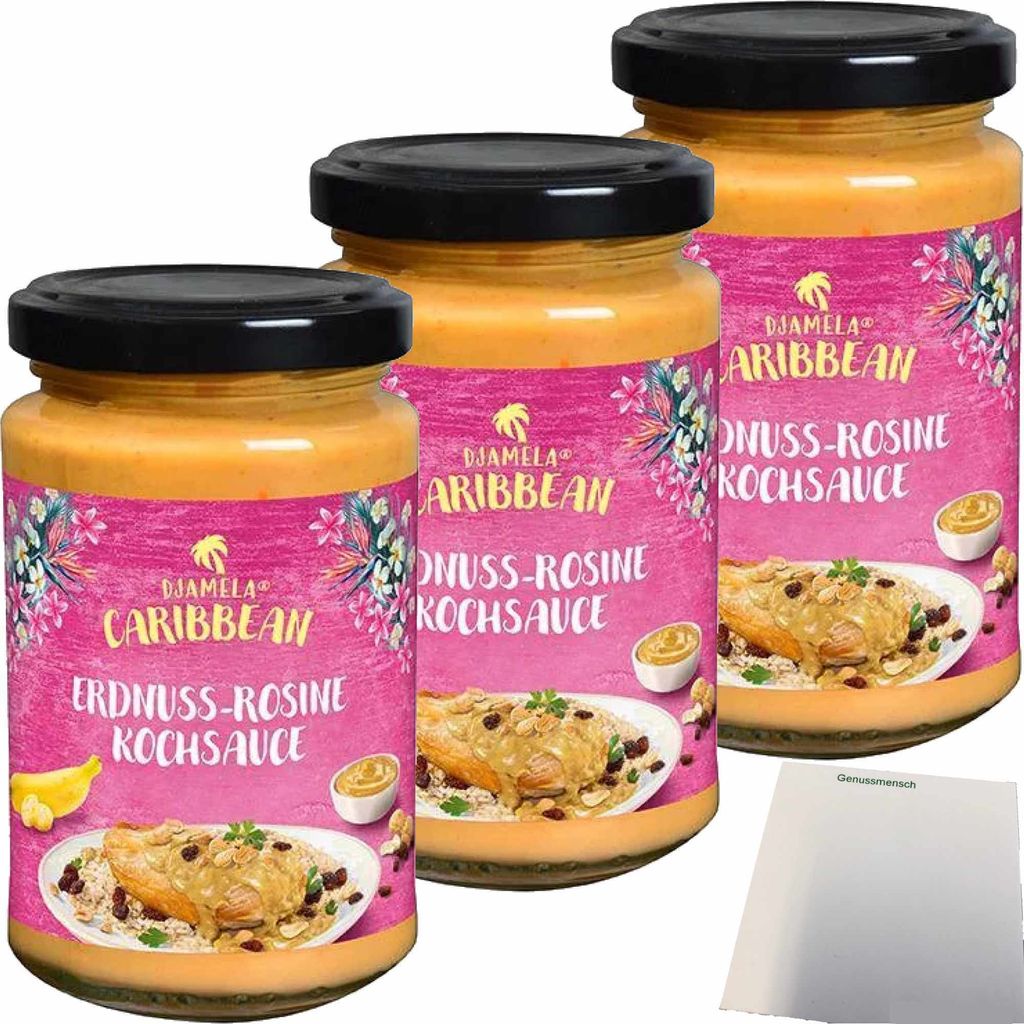 Djamela Caribbean Erdnuss-Rosine Kochsauce 3er Pack (3x200ml Glas) + usy Block