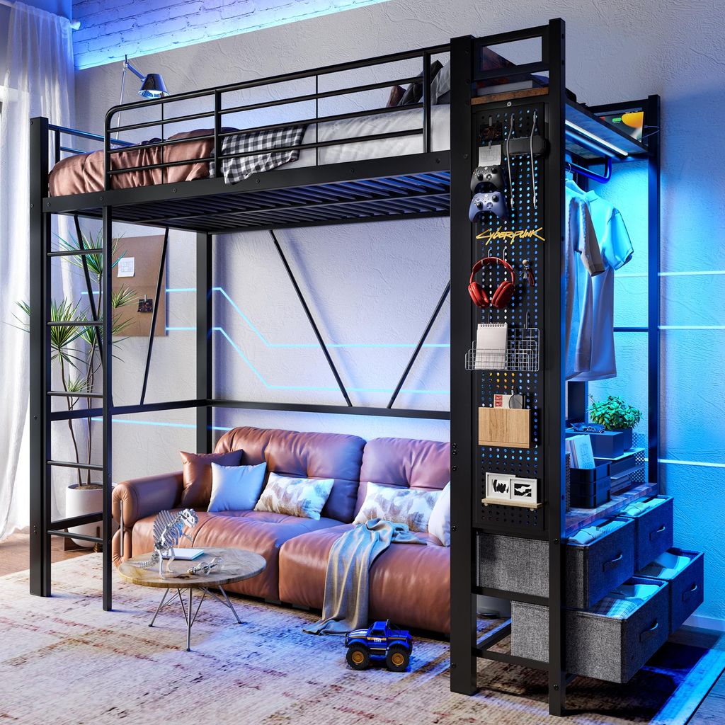 Hochbett, 90 x 200cm, Eisenrahmen , Mit Trockenstab, Mit Einlegeböden, 4 Schubladen, Mit USB+TYPE-C Steckdose, LED-Leiste, Geländer, Trittleiter,...