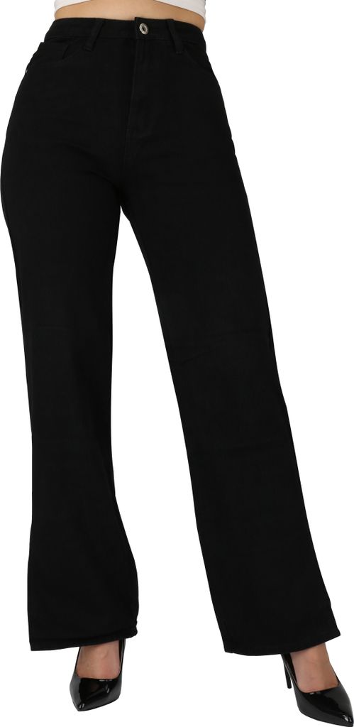 Mytrendshoe Damen Jeans High Waist Dekorativer Schlitz Straight Leg Hosen 837550, Farbe: Schwarz, Größe: 34