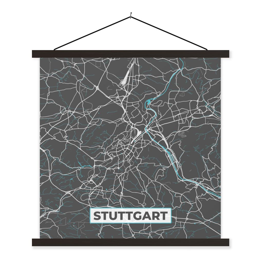 MuchoWow Textilposter Blau - Deutschland - Karte - Stadtplan - Stuttgart 90x90 cm mit schwarzem Rahmen - Magnetisches