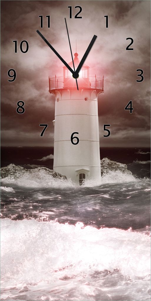 Wallario Design Wanduhr Leuchtturm im Wasser bei stürmischer See aus Echtglas, Größe 30 x 60 cm