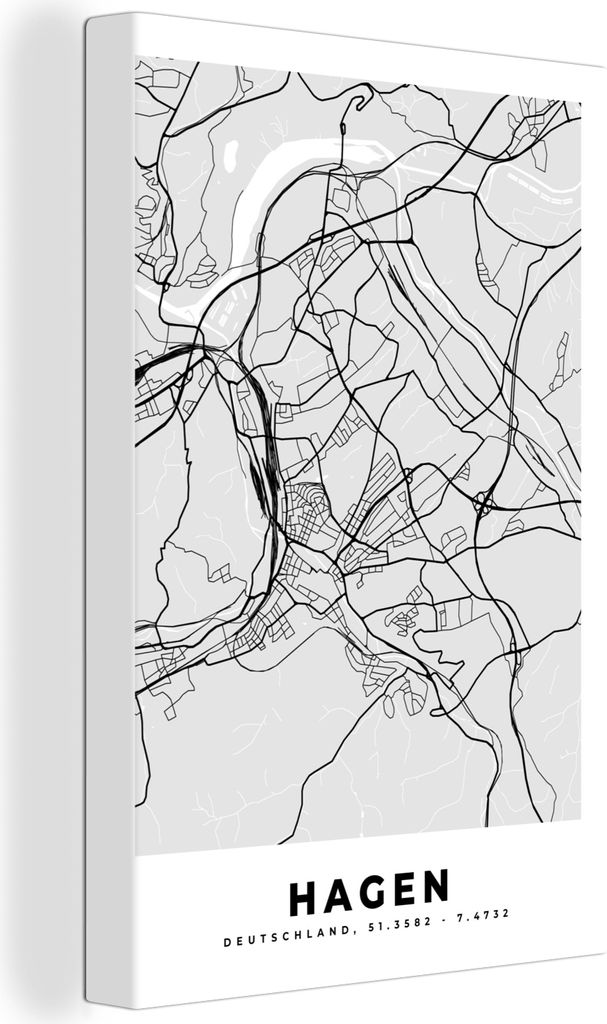 OneMillionCanvasses - Leinwandbilder - 90x140 cm, Deutschland - Stadtplan - Hagen - Karte, Wandbilder Kunstdruck Wanddekoration - Foto auf Leinwa...