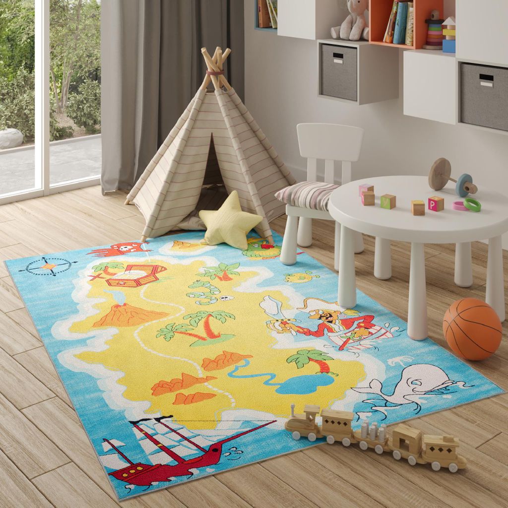 Teppich Kinderzimmer Gelb Blau Bunt Modern Pirateninsel 120 x 170 cm