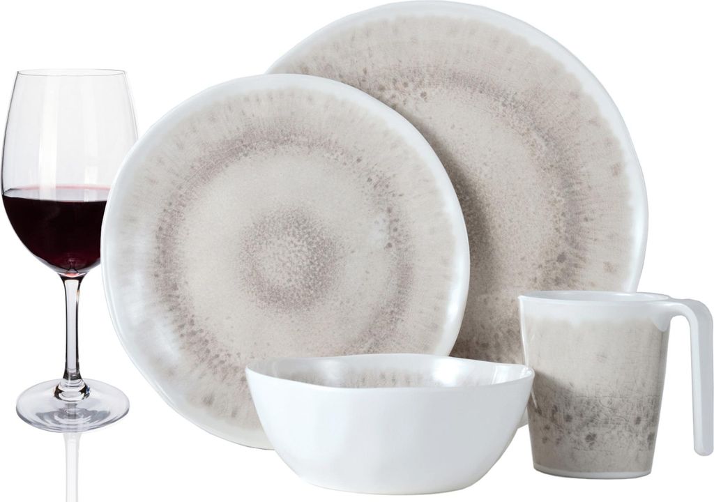 Melamin Camping Geschirr Set 4 Personen Amboss Design 16 Teilig + 4 Rotweingläser Weingläser Tafelgeschirr Picknick BBQ Kochgeschirr