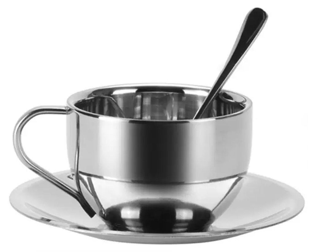 3-teiliges Kaffeetassen-Set aus Edelstahl: Espressotasse mit Untertasse und Löffel, doppelwandig, mit Henkel, für Latte Macchiato, Cappuccino, Mi...