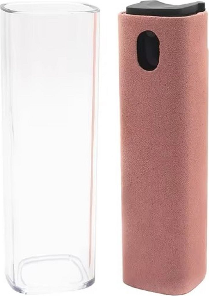 A clear glass bottle and a pink spray bottle are placed side-by-side on a white background.