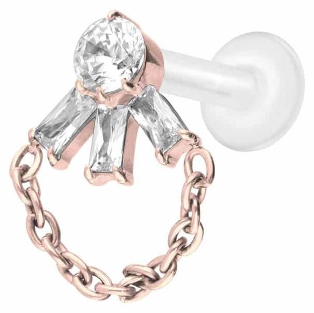 Ohrpiercing, Nasenpiercing PTFE Labret mit Innengewinde + Titan-Aufsatz LOTUSBLÜTE + KETTE RoséGold Stablänge: 7mm | Stabstärke: 1,6mm
