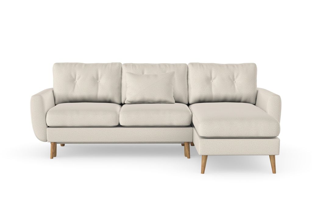 Harris Schlafsofa mit Chaiselongue, Massivholzkonstruktion, skandinavischer Stil, Hohe Beine aus Eichenholz, gewachst, Puente 03 Beige