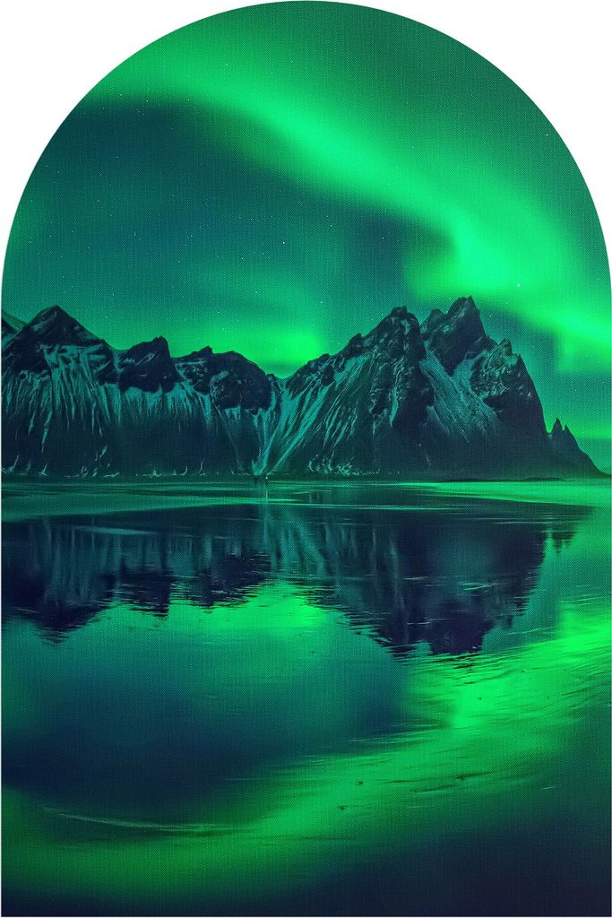 DEQORI Fototapete Rundbogen 100x150 cm 'Vestrahorn im Polarlicht' Wand Tapete Sticker