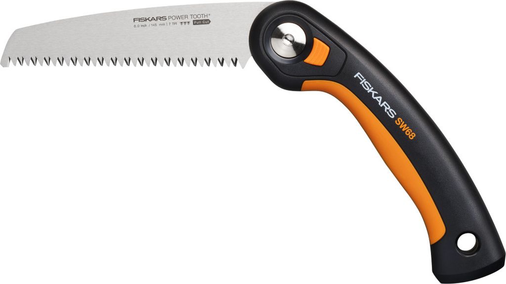 A Fiskars folding saw is shown against a white background.