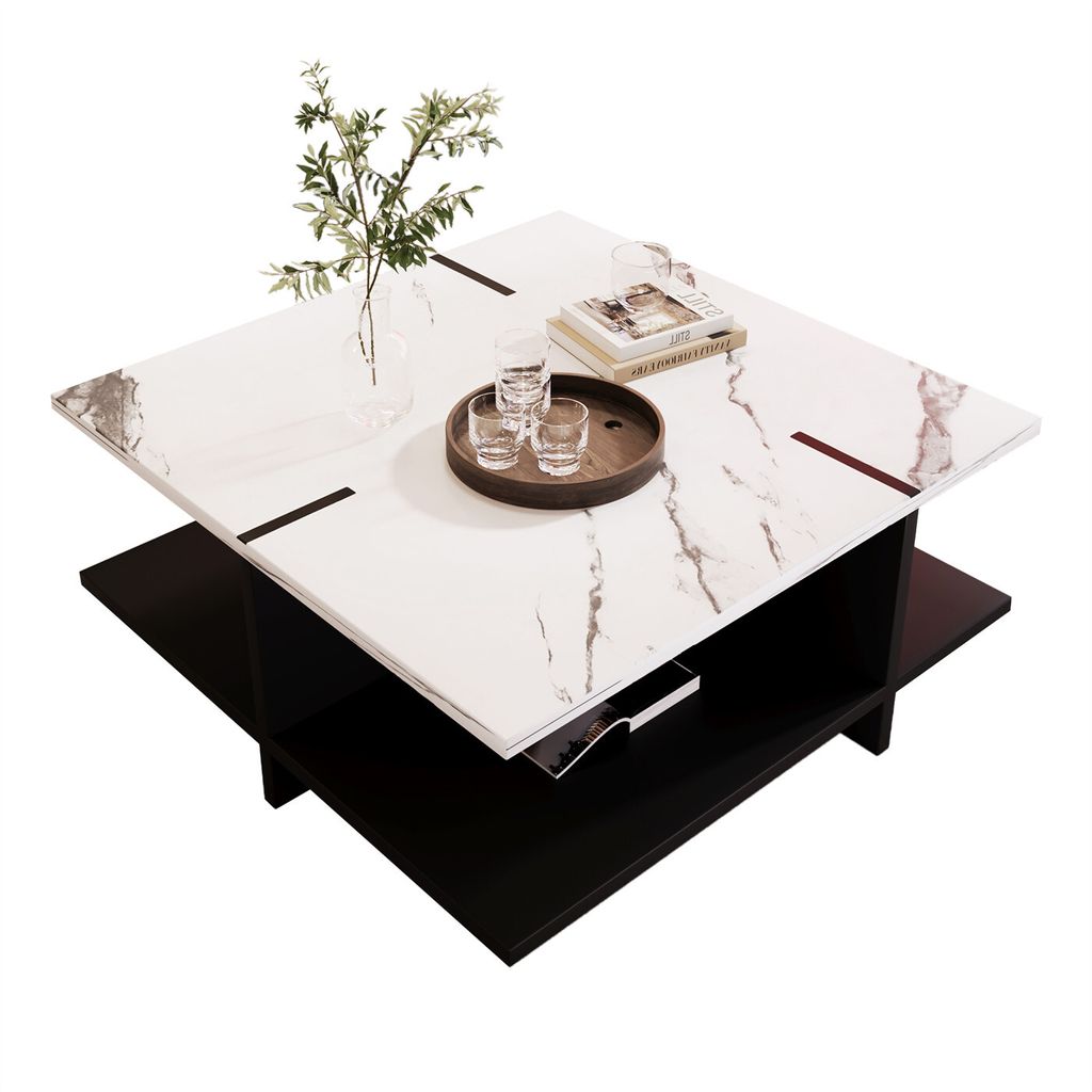 Quadratischer Couchtisch, modernes und minimalistisches Schwarz-Weiß-Design, weiße Marmoroptik