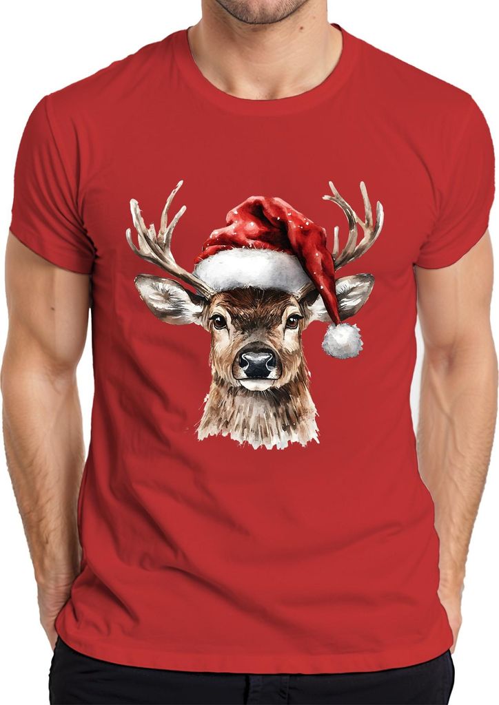 Weihnachtsrentier Aquarell Santa Vintage Geschenk Herren T-Shirt, Rot, M