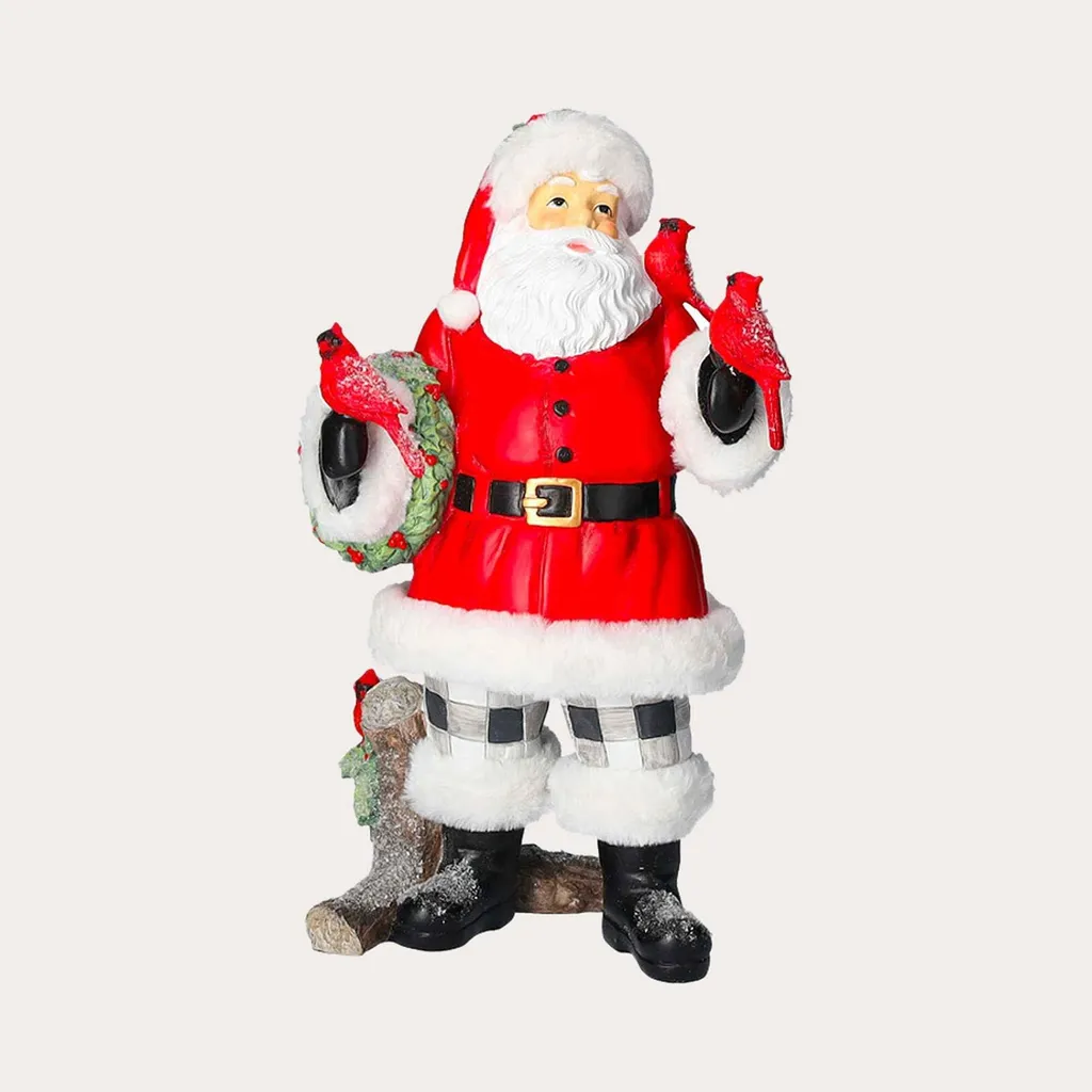 Figurine Père Noël en Résine Finition Main avec Oiseaux Rouges Vifs