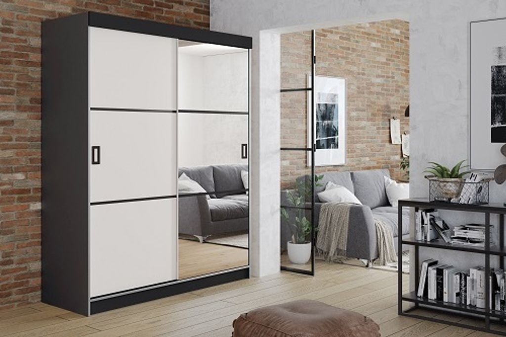 FurMeb24 Schiebetrenschrank RETRO 3-138x200cm Kleiderschrank mit Spiegel, 2-triger Schiebeschrank (Graphit Antrazit / Weiss + Spiegel und schwarze ...