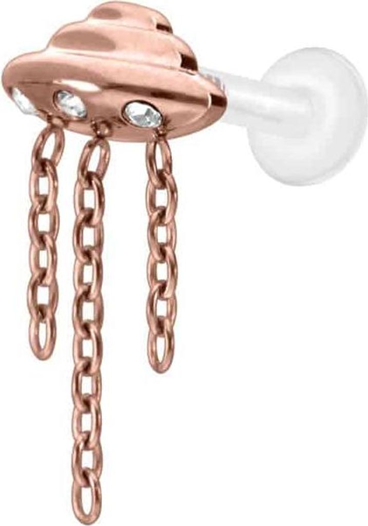 Ohrpiercing, Nasenpiercing PTFE Labret mit Innengewinde + Titan-Aufsatz UFO + KETTEN + KRISTALLE RoséGold Stablänge: 8mm | Stabstärke: 1,6mm