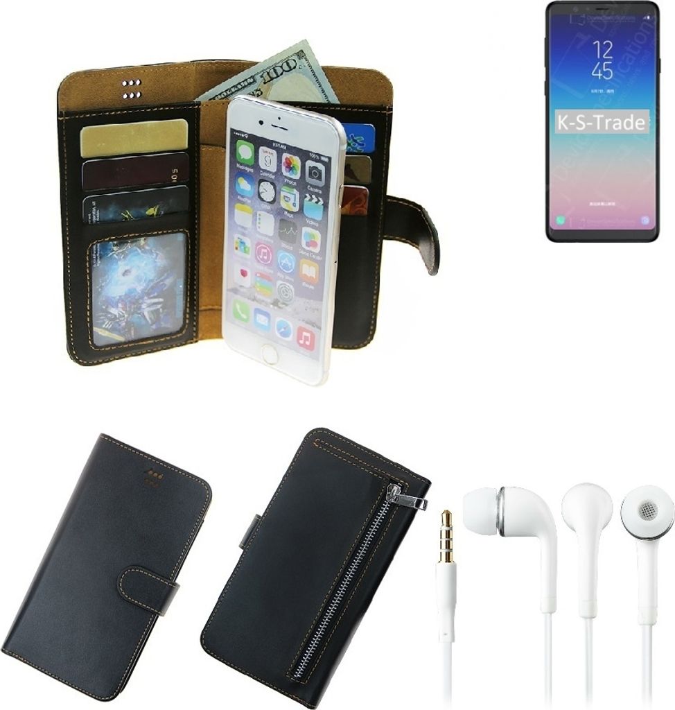 TOP SET Portemonnaie Schutz Hülle kompatibel mit Samsung Galaxy A9 Star schwarz aus Kunstleder + Kopfhörer Walletcase Smartphone Tasche vollwertige