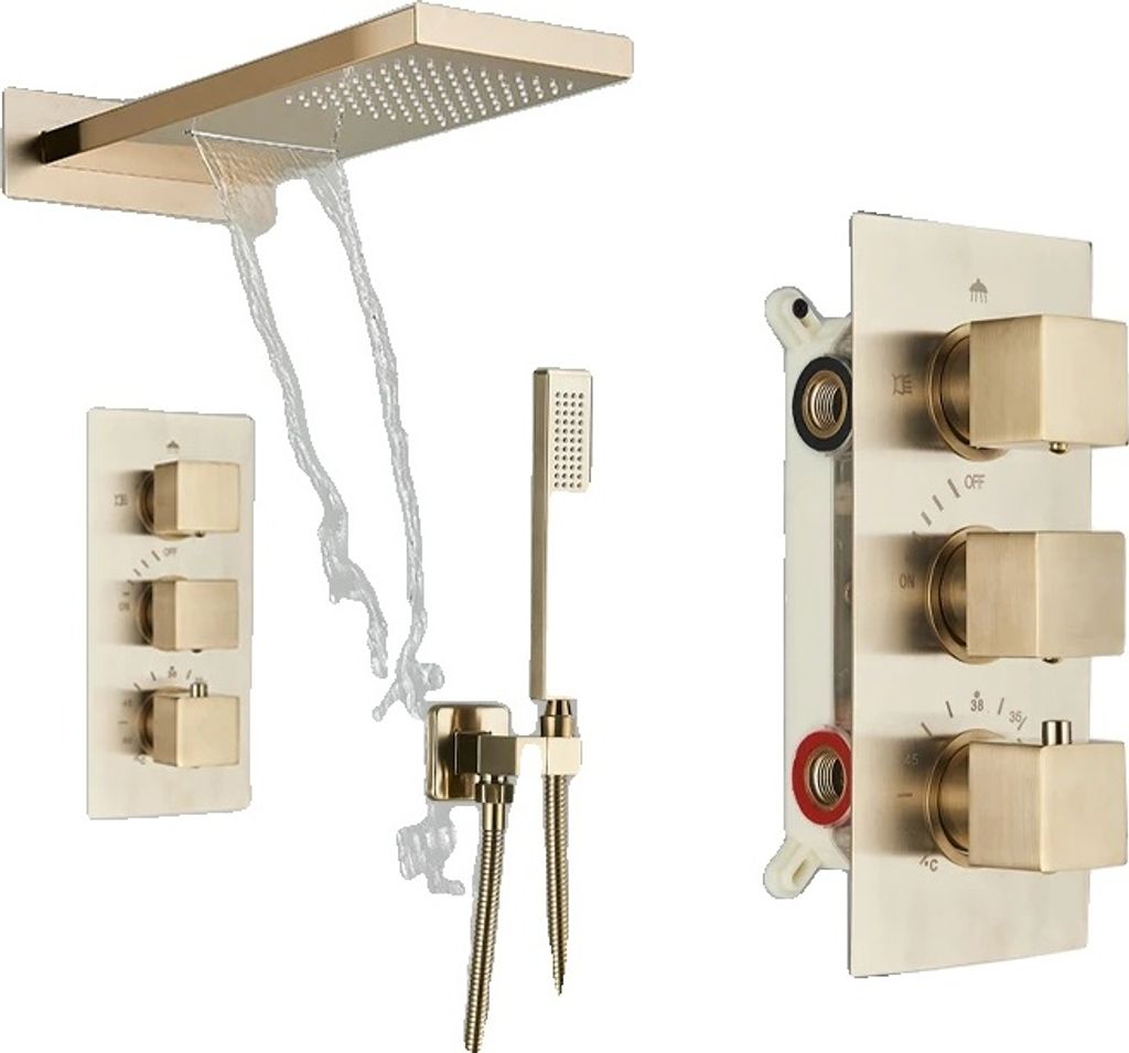 Thermostatisches Duschsystem, zeitgenössischer Stil, duale Steuerungsfunktionalität, gebürstetes Gold B