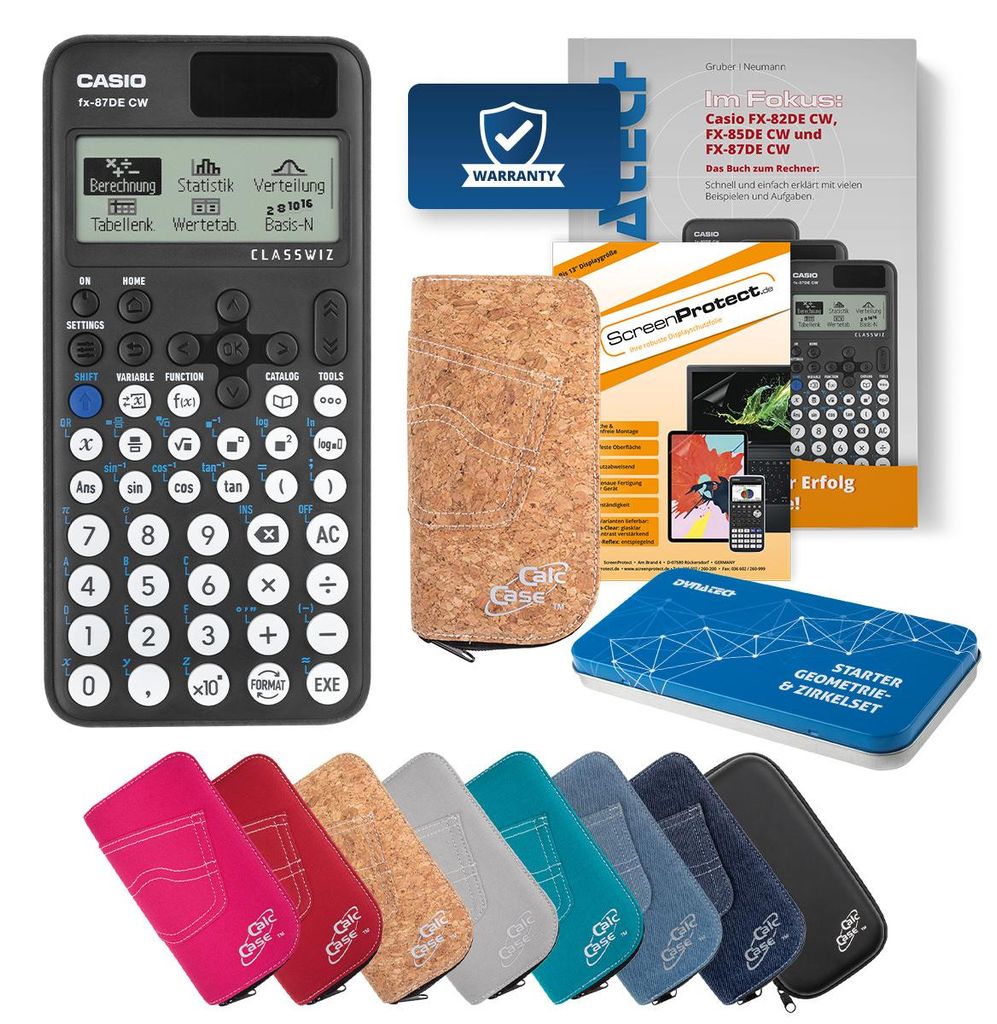 Casio FX-87 DE CW Taschenrechner mit Tasche kork, Schutzfolie, Buch & Zirkel Set