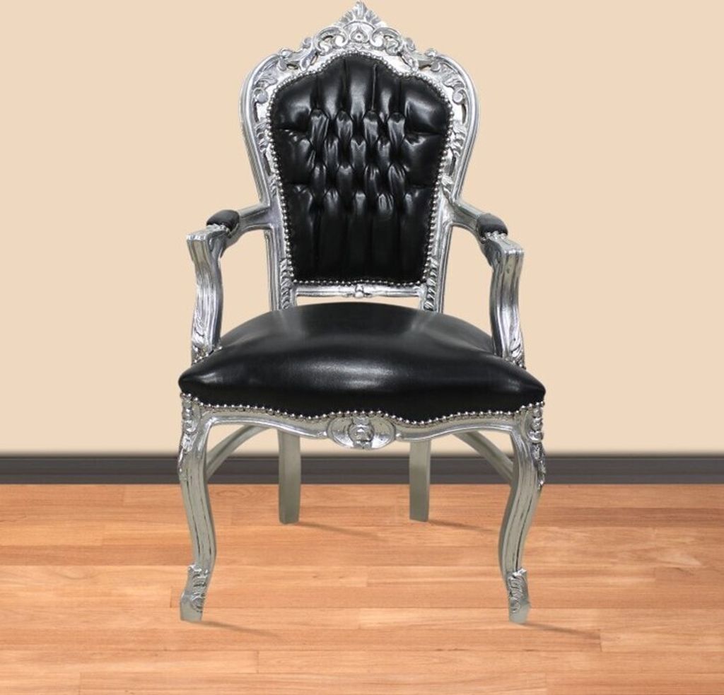 Barockstuhl Barock Stuhl Armlehne Schwarz Silber Kunstleder Produktbild 