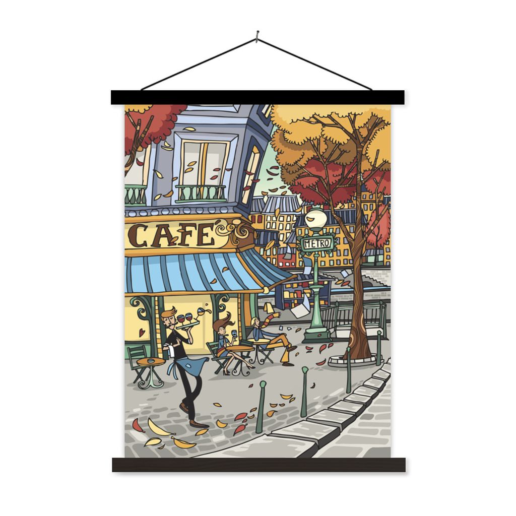 MuchoWow Textilposter Paris - Cafe - Herbst 120x160 cm mit schwarzem Rahmen - Magnetischer