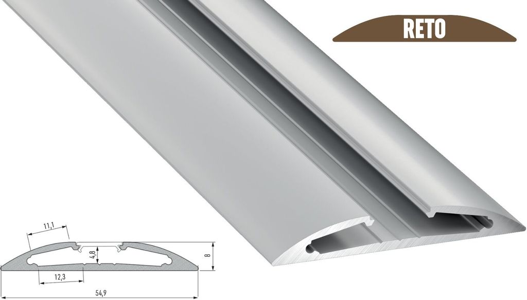 LED Aluminium Profil Reto 1 Meter Aluprofil Leiste 55 x 8mm Silber eloxiert für 10mm LED Streifen milchige Abdeckung inkl. Endkappen