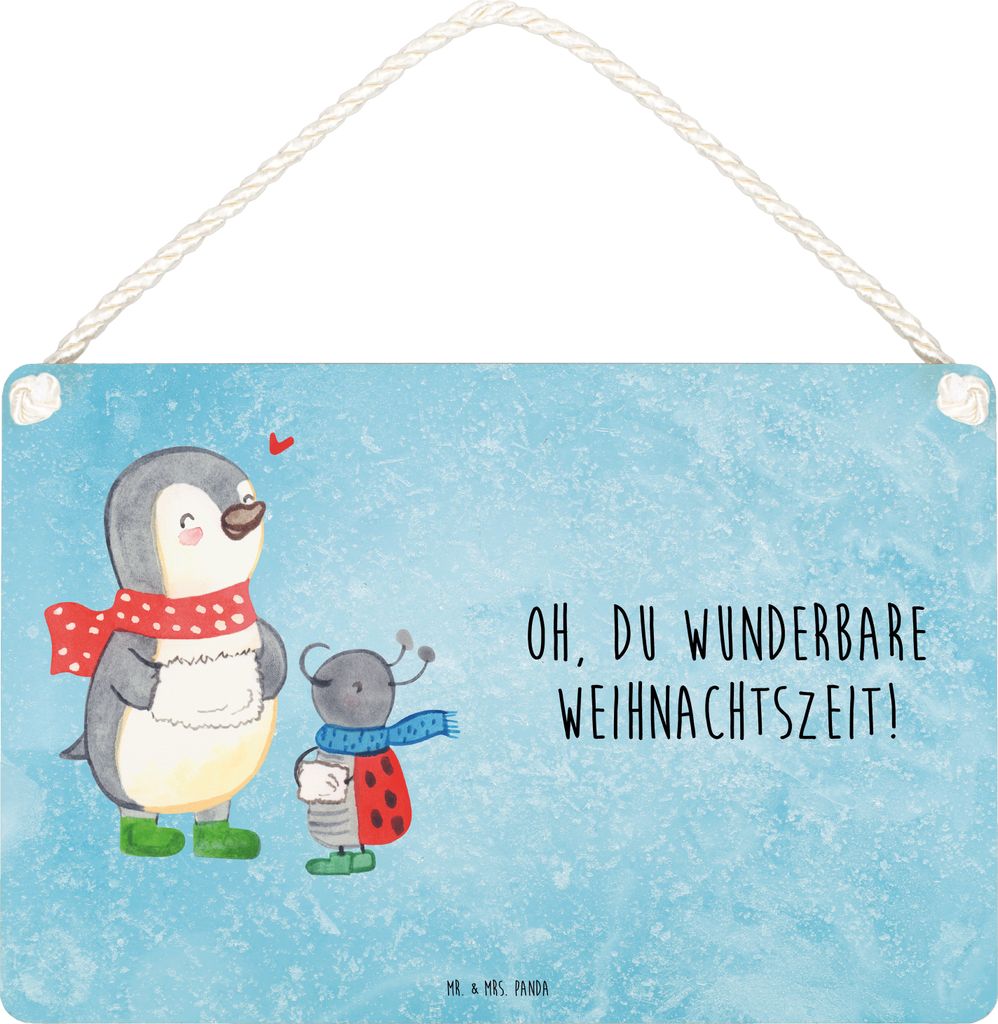 Mr. & Mrs. Panda Schild Smörle Winterzeit DIN A6 - Eisblau - Geschenk, wandtafel, Weihnachtszeit, Weihnachten, Türschild, Wandbild Holz, holzbild...