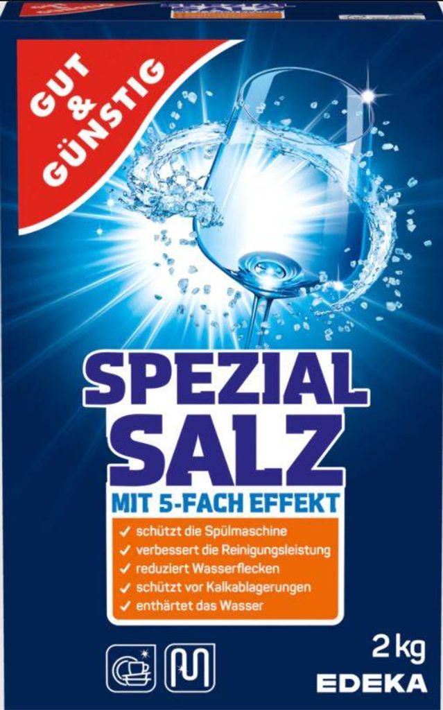 A box of dishwasher salt with a glass of water splashing.