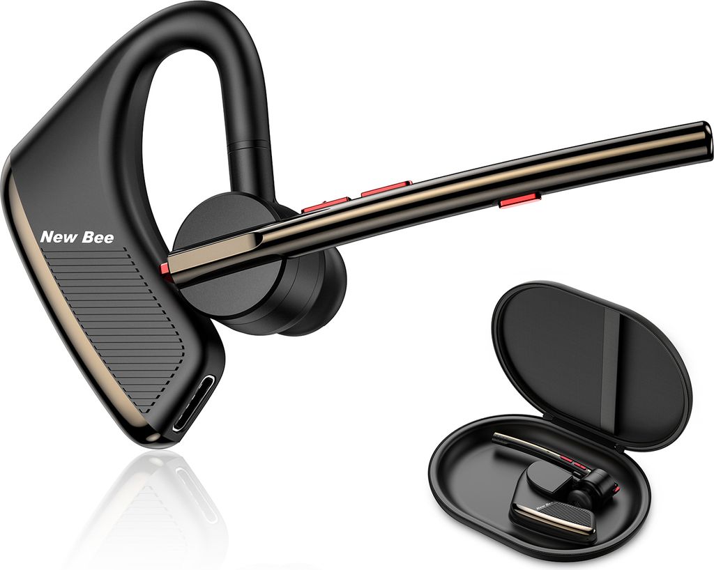 A black and gold wireless headset and its charging case are displayed against a white background.