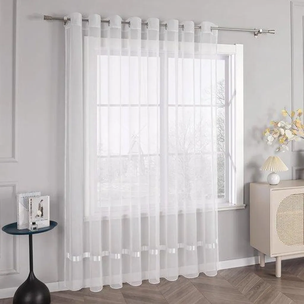 Rideau blanc élégant 170 x 300 cm en voile de coton pour grand salon