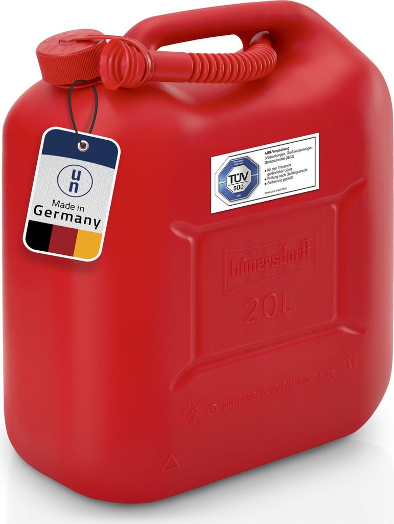 hünersdorff Kraftstoff-Kanister 813530 STANDARD für 20l für Benzin, Diesel und andere Gefahrgüter, UN-Zulassung, Germany, Produktion, rot