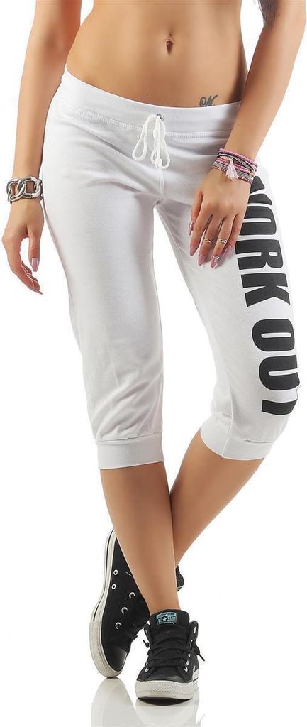 Damen 3/4 Jogginghose mit "WORK OUT"; Weiß-Schwarz 4XL/48