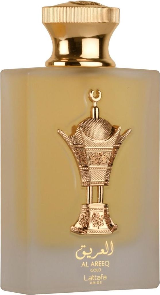 A close-up studio shot of a bottle of Lattafa Pride Al Areeq Gold Eau de Parfum.