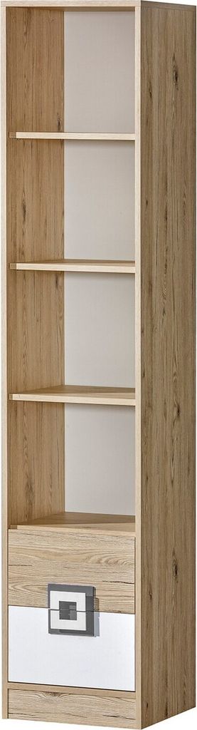 Furniture24 Regal Nico 06, Standregal, Bücheregal Mit 2 Schubkasten Hell Eiche/Weiß/Grau