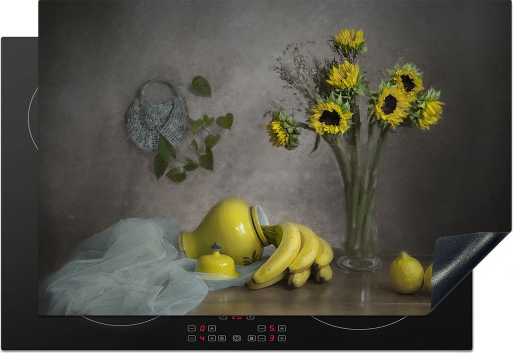 KitchenYeah Herdabdeckplatte Stilleben - Malerei - Obst - Sonnenblumen - Vase - Bananen - Kunst , 78x52cm, Küche Deko, Glaskeramikkochfeld Herda...