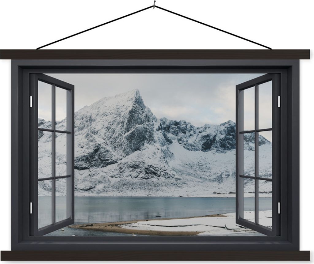 MuchoWow Textilposter Aussicht - Winter - Berg 60x40 cm mit schwarzem Rahmen - Hölzernes