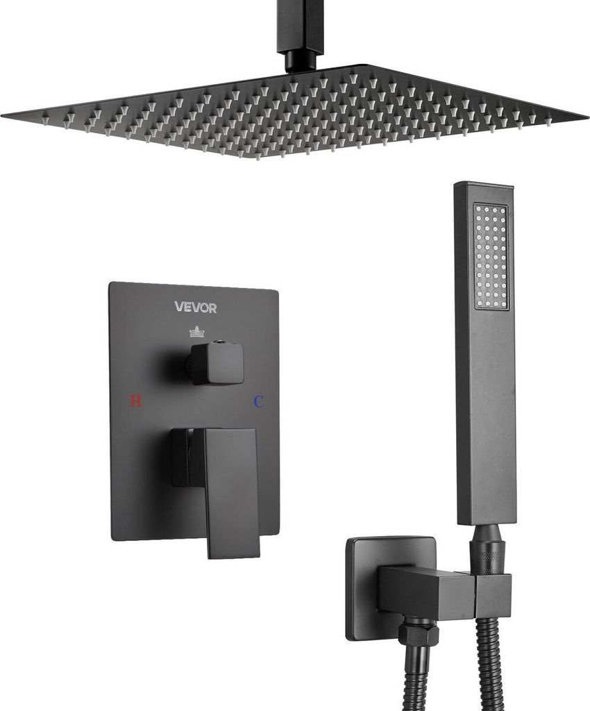 Shower Faucet Set 12" Square Rain Shower Head and Hand Set Matte Black