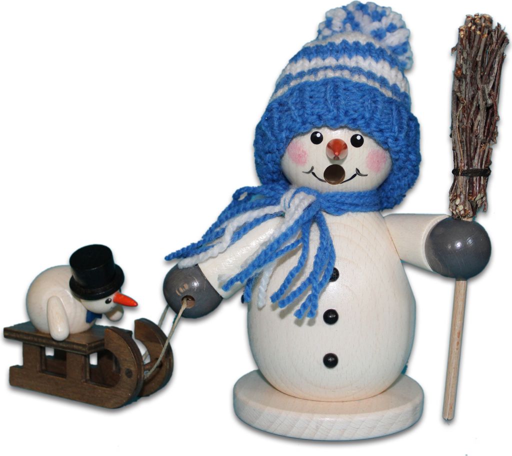 Holzwaren Egermann Räucherfigur aus Holz - Schneemann mit Schlitten & Kind - in Blau - ca. 15cm - 965