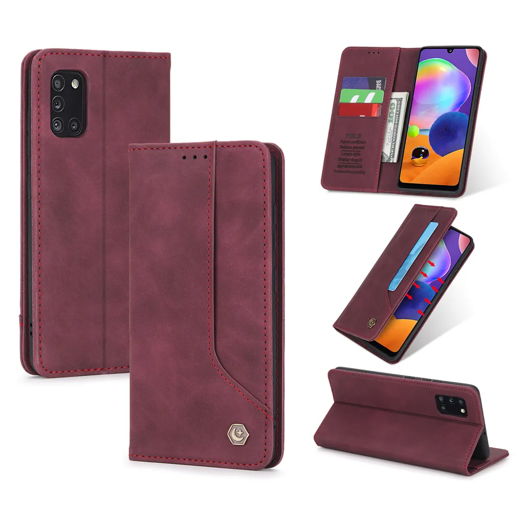 Custodia retrò in Finto cuoio per Samsung Galaxy A31 con design a portafoglio, porta carte e supporto rosso