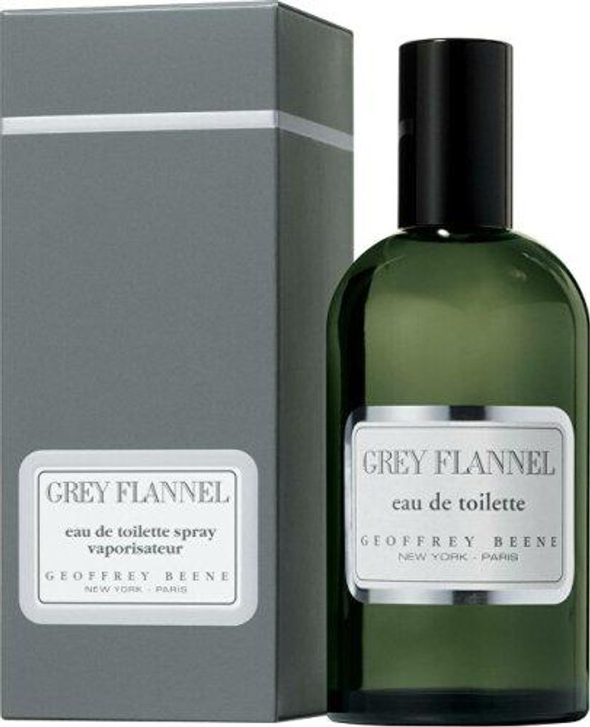 A bottle of Geoffrey Beene Grey Flannel Eau De Toilette and its packaging are displayed side-by-side against a white background.