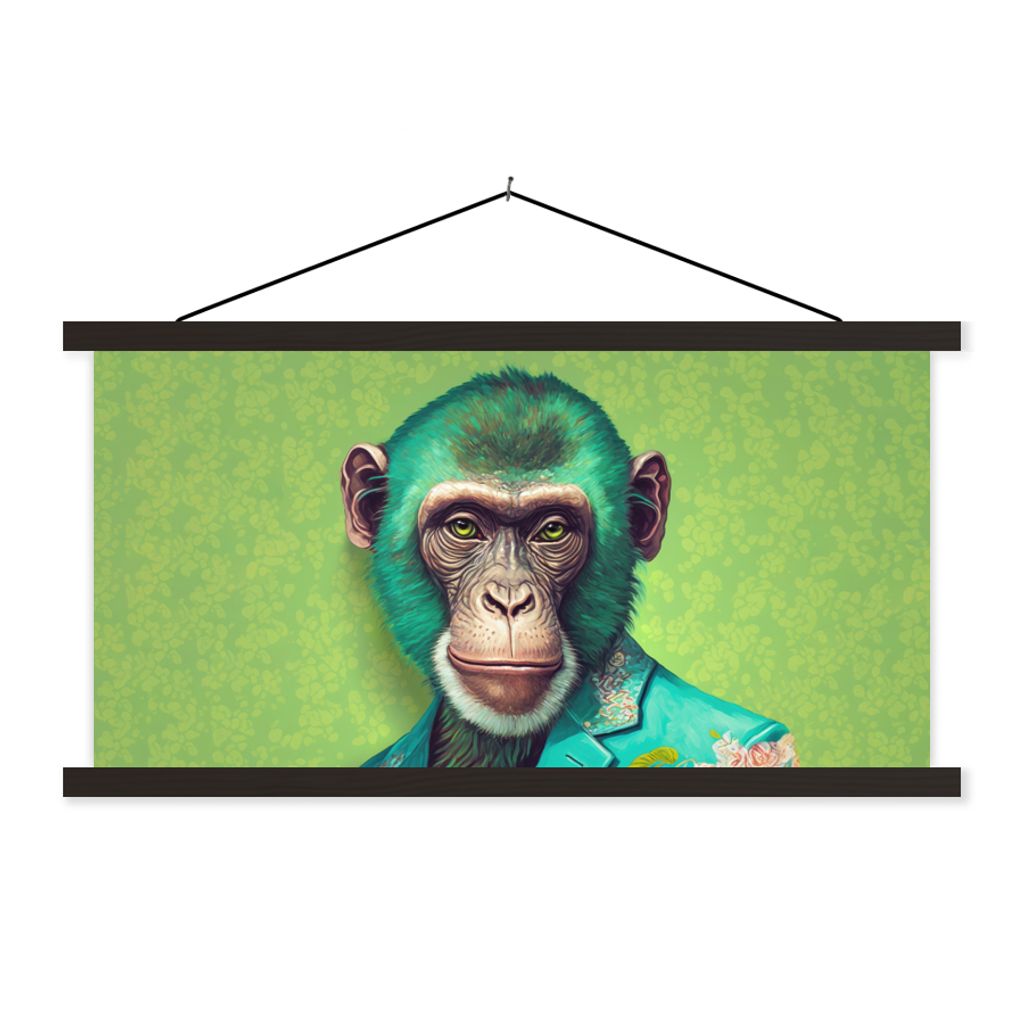 MuchoWow Textilposter Affe - Colbert - Blumen - Neon - Porträt 60x30 cm mit schwarzem Rahmen - Textilien