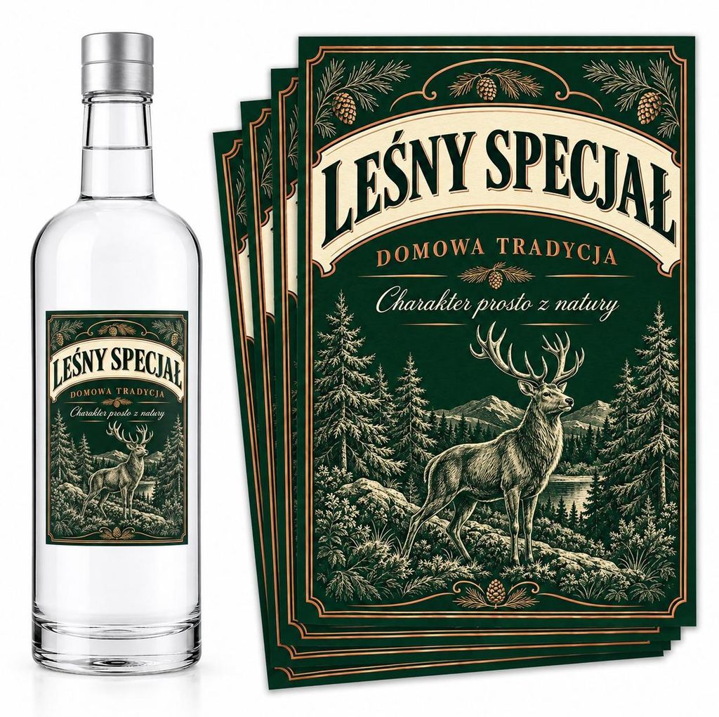 Flaschenetiketten – „Leśny Specjał” – Wald und Hirsch – Produktbild 