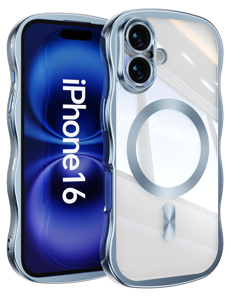 Magnetisch Hülle für iPhone 16, Wellen Überzug Bumper Transparent Stoßfeste Handyhülle mit Kameraschutz Blau