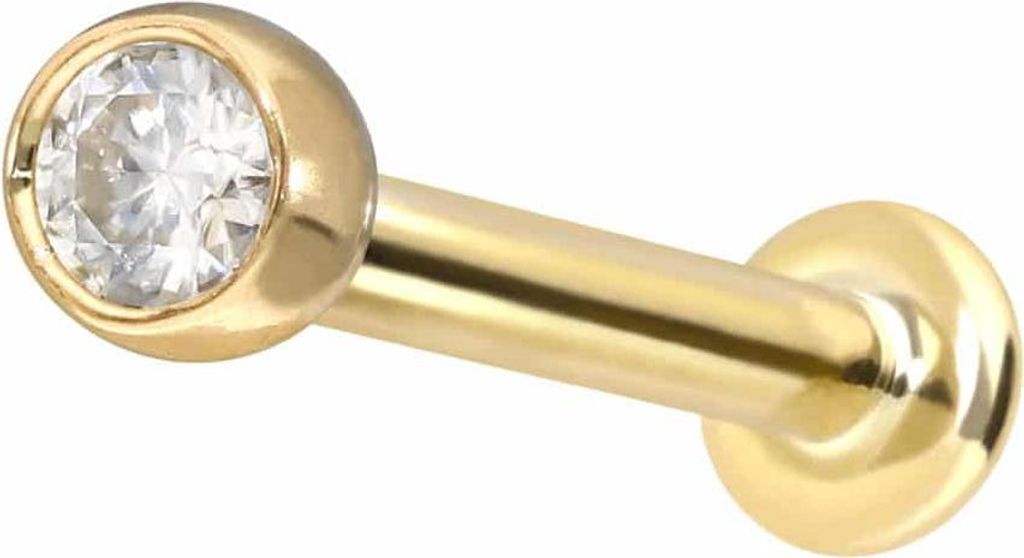 Ohrpiercing, Nasenpiercing 14 Karat Gold Labret mit Push Fit MOISSANIT Gold Stablänge: 7mm | Stabstärke: 1,2mm | Kristallgröße: 2,5mm