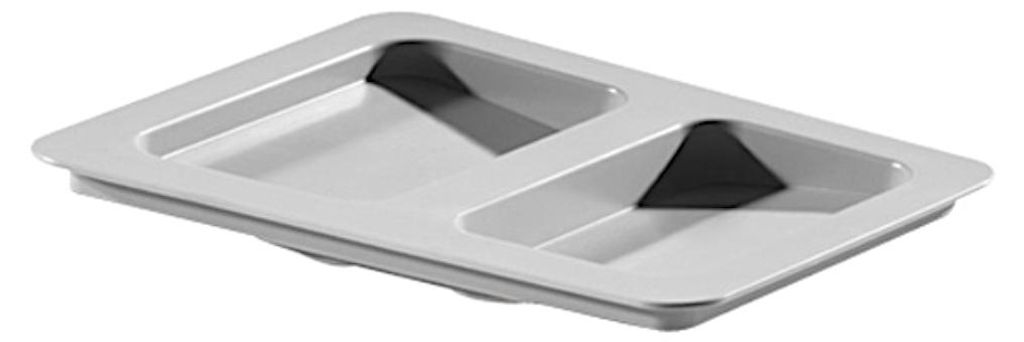 A light gray, two-compartment plastic tray.