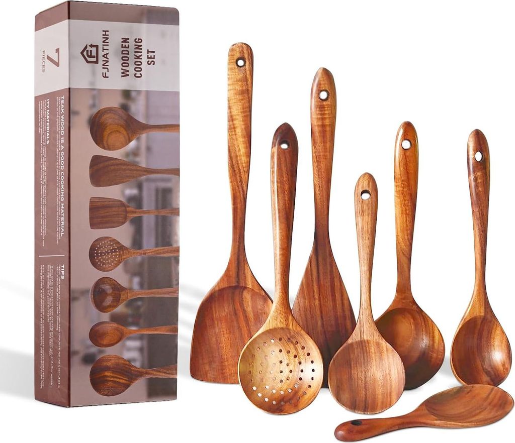 Holz Kochgeschirr Set - 7 Teile - Natürliches Teakholz - Hitzebeständig